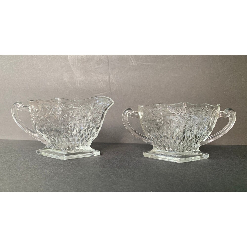 Precious Indiana Glass Creamer and Open Sugar Bowl with Pineapple Floral Pattern